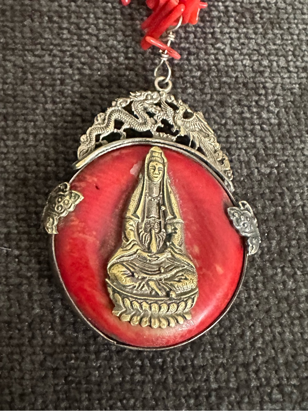 🪸 Vintage Red Coral Beaded Pendant Necklace with Brass, Antique Buddha Medallion